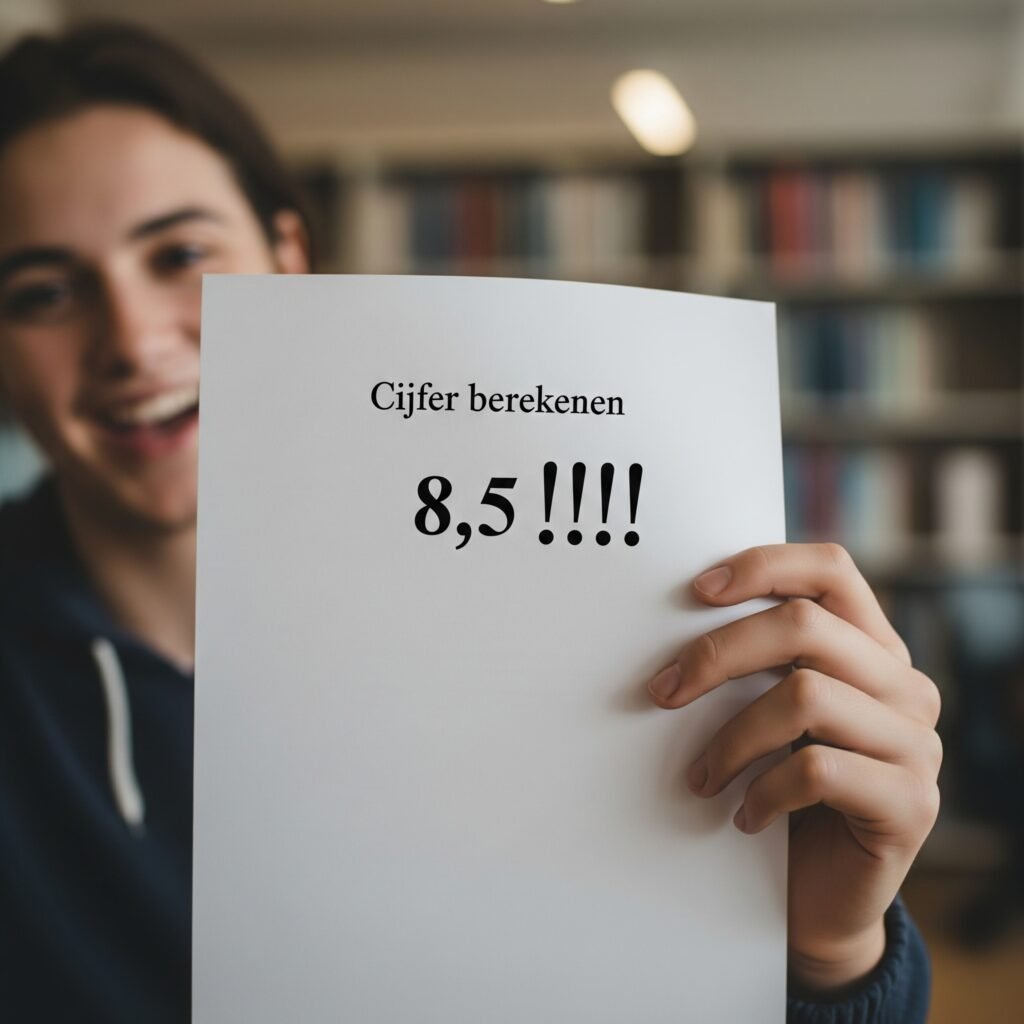Jongen laat trots zijn cijfer een 85 zien